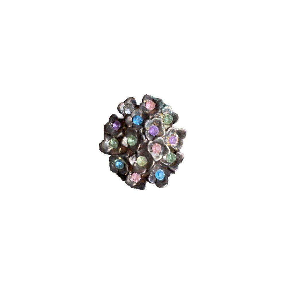 Vintage Brooch Pin Pewter Floral Rhinestone Easter Pink 1 Inch Green Blue